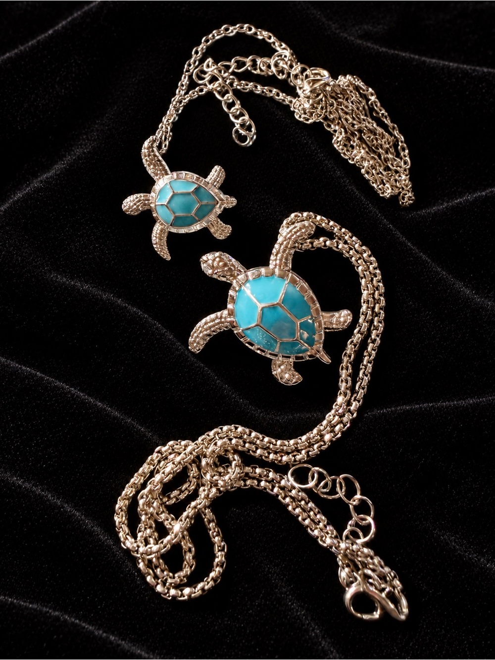 Two Sea Turtles in Silver with Turquoise Enamel